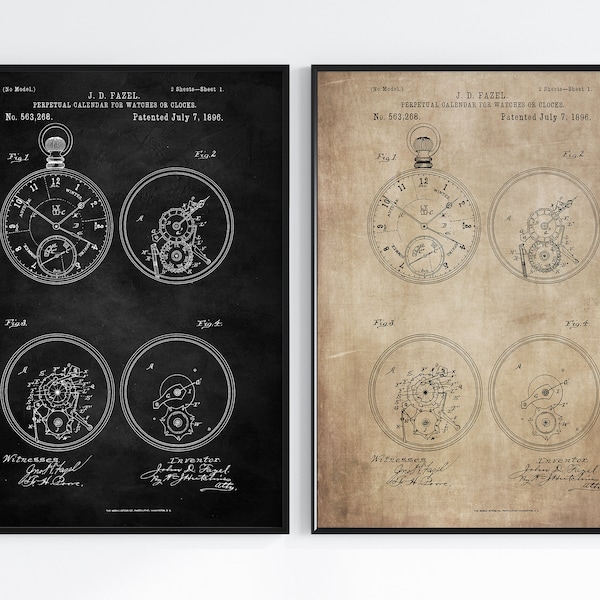 Watch Patent Posters, Perpetual Calendar Movement, Vintage Blueprint Wall Art, Instant Download Print, Retro Gift Decor