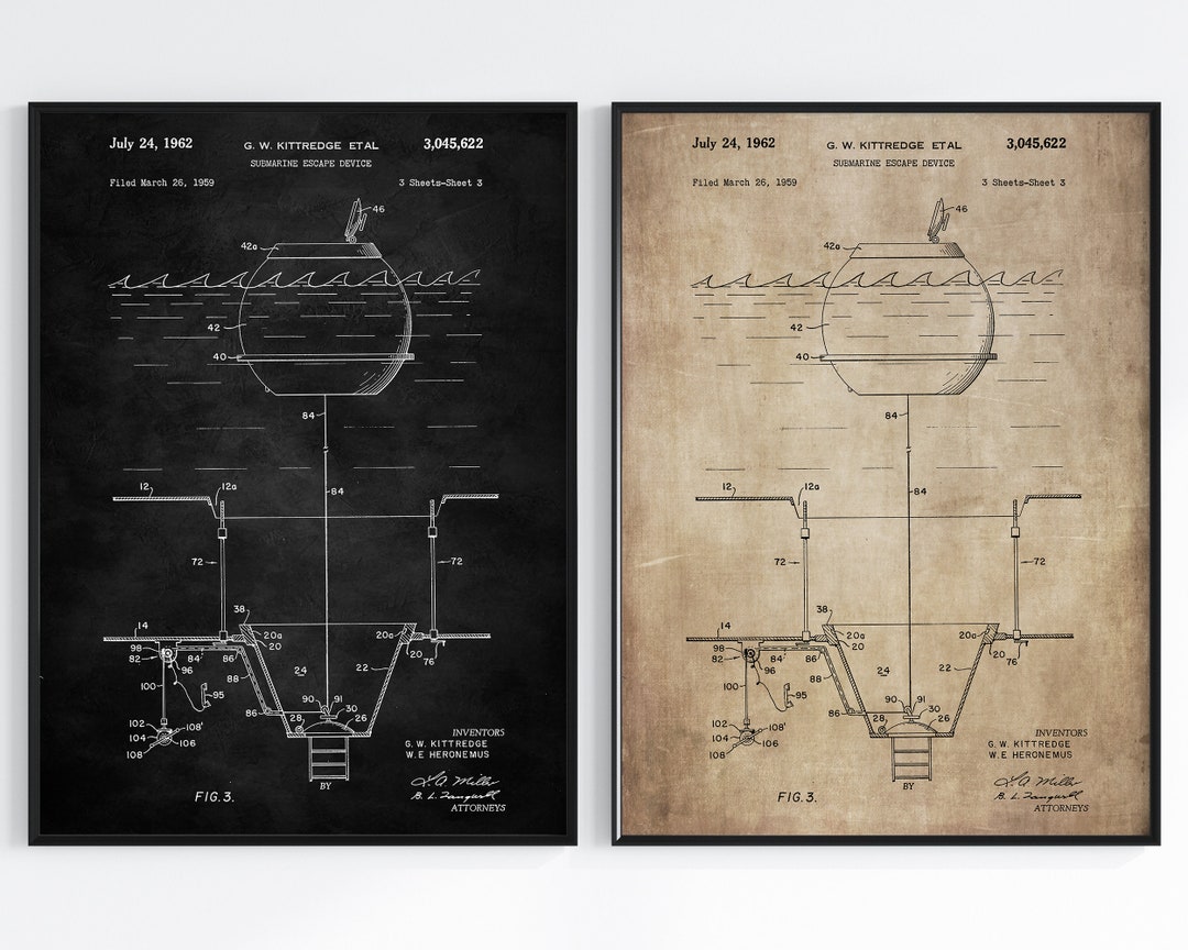 Submarine Patent Posters, Submarine Escape Device, Vintage Blueprint ...