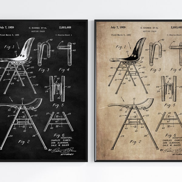 Carteles de patentes de muebles, sillón de plástico Eames, arte de pared de diseño de mediados de siglo, impresión de descarga instantánea, decoración de regalo retro, diseños modernistas