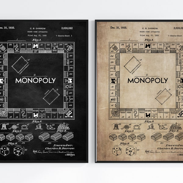 Game Patent Posters, Monopoly, Vintage Blueprint Wall Art, Instant Download Print, Retro Gift Decor, Board Game Nostalgia