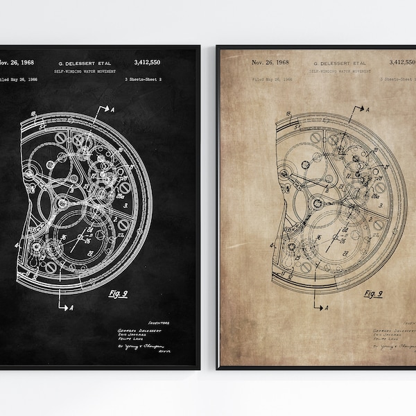 Watch Patent Posters, Self Winding Movement, Vintage Blueprint Wall Art, Instant Download Print, Retro Gift Decor