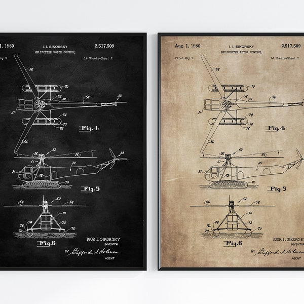 Helicopter Patent Posters, Sikorsky Rotor Control System, Vintage Blueprint Wall Art, Instant Download Print, Retro Gift Decor