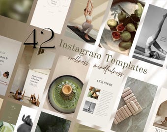 Può includere: Un collage di 42 modelli per Instagram per il benessere e la consapevolezza. I modelli presentano immagini di pose yoga, tè matcha, fichi e altre immagini legate al benessere. Il testo "Instagram Templates" e "wellness, mindfulness" è presente nel collage.