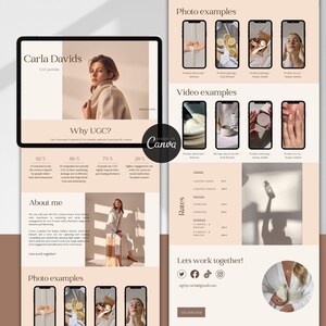 Può includere: Una pagina di destinazione del sito web con uno sfondo beige e un'intestazione marrone chiaro. L'intestazione include il testo "Carla Davids" e "Il 90% dei consumatori si fida di più dei contenuti generati dagli utenti rispetto alla pubblicità tradizionale". La pagina include anche sezioni intitolate "Perché UGC?", "Chi sono", "Esempi di foto", "Esempi di video", "Tariffe" e "Lavoriamo insieme!".