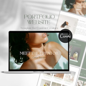 Può includere: Uno schermo di laptop che mostra un modello di sito web per i creatori di contenuti. Il sito web presenta una foto di una persona con il testo "Meet the Creator" e "Carla Davids". Il sito web include anche sezioni per video, marchio e recensioni.