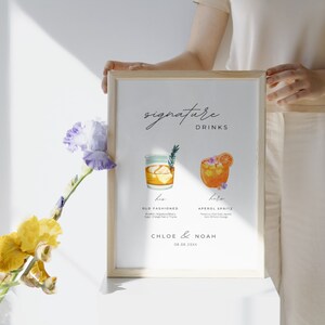 Signature-Getränkekarte für die Hochzeit, Cocktails für Sie und Ihn, Old Fashioned und Aperol Spritz