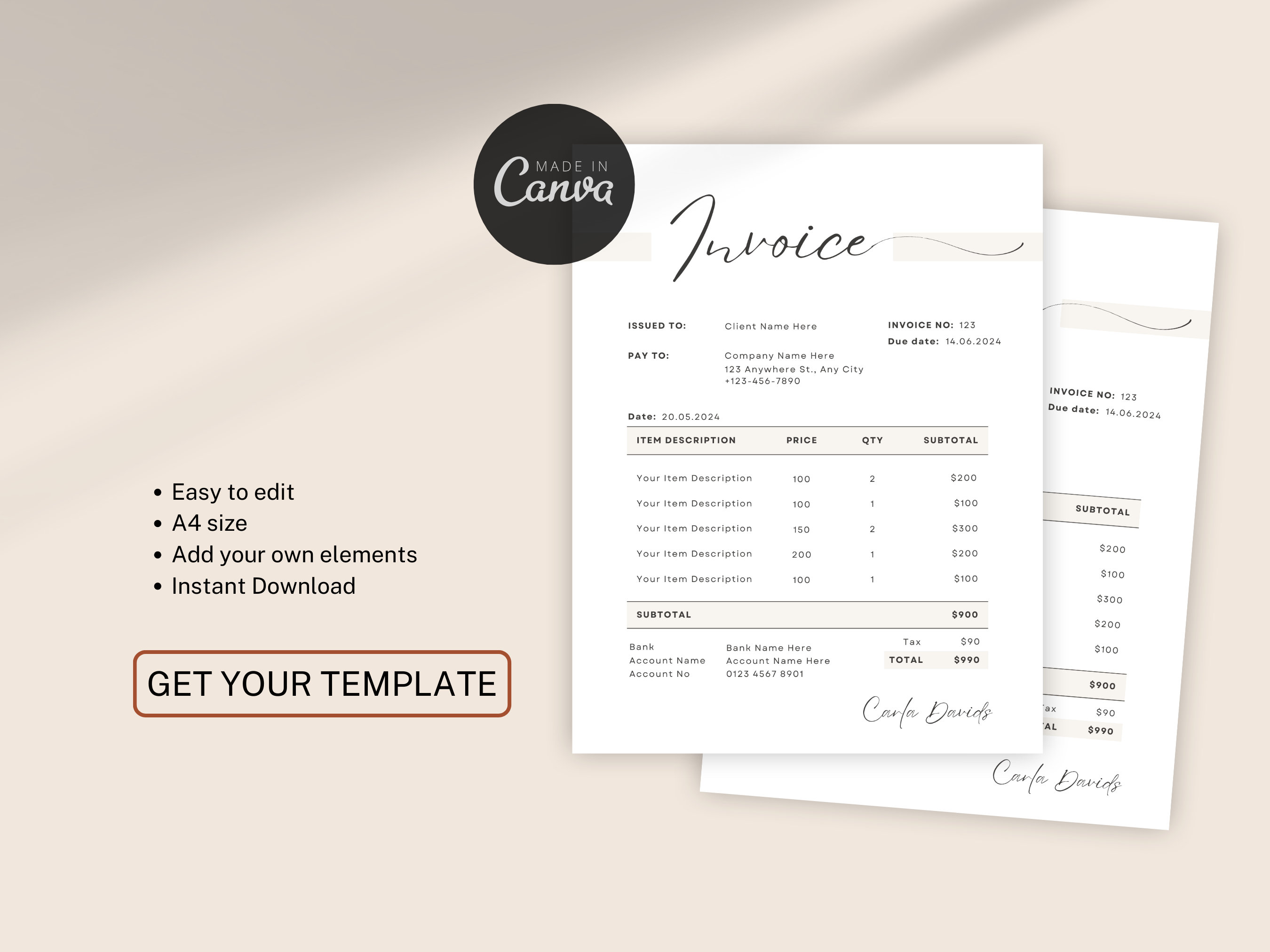 Matte Collection Invoice Minimalist Beige Invoice Template: UGC Content Creator (canva Editable ...