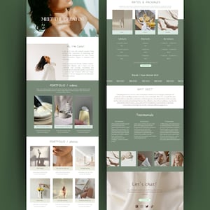 Può includere: Homepage del sito web di un creatore di contenuti specializzato in contenuti generati dagli utenti (UGC) per i marchi. Il sito web presenta un portfolio di video e foto, testimonianze di clienti e informazioni su tariffe e pacchetti. Il sito web è progettato in uno stile minimalista con uno schema di colori verde e bianco.