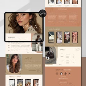 Può includere: Una presentazione di marketing digitale con un tablet che mostra il ritratto di una donna e il nome "CARLA DAVIDS". La presentazione include sezioni su "WHY UGC?", "PHOTO EXAMPLES" e "RATES", con un invito all'azione "BOOK & CHAT".