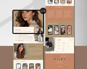 May include: A digital marketing presentation featuring a tablet displaying a woman's portrait with the name "CARLA DAVIDS". The presentation includes sections on "WHY UGC?", "PHOTO EXAMPLES", and "RATES", with a "BOOK & CHAT" call to action.