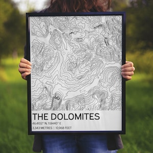Die Dolomiten Karte, Dolomiten Druck, Topografisches Design, Italienisches Poster, Weltreisender, Konturen Druck, Weiß Schwarz Minimalistischer Druck