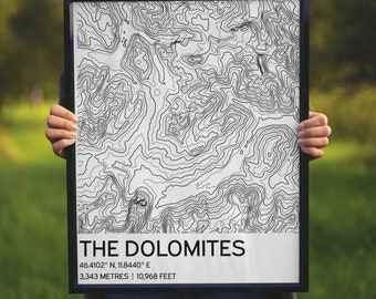 The Dolomites Map, Dolomites Print, Topographic Design, Italian Poster, World Traveler, Contours Print, White and Black Minimalist Print