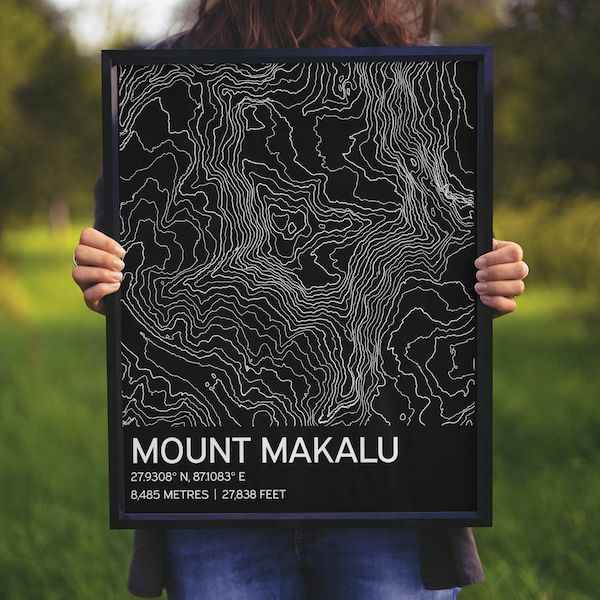 Mount Makalu, Himalayas Print, Topographic Design, Nepal Poster, World Traveler Print, Contours Print, Black and White Minimalist Print,