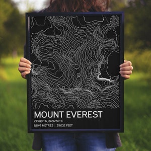 Mount Everest Digitale Wandkunst, Kontur Karte Digitaldruck, Topografische Karte Schwarz Weiß Minimalist Karte, Mount Everest Karte, Moderne Kunst MAp