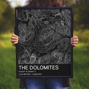 La carte des Dolomites, impression Dolomites, conception topographique, affiche italienne, voyageur du monde, impression contours, impression minimaliste noir et blanc