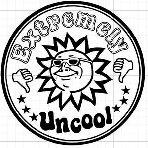 Puede incluir: Gráfico circular en blanco y negro con las palabras "Extremely Uncool" alrededor de un sol sonriente con gafas de sol. También se incluyen dos pulgares hacia abajo y estrellas.