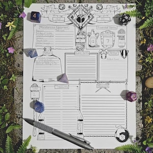 May include: A black and white Dungeons and Dragons character sheet with sections for equipment, potions, quest items, armor, treasures, and weapons. Dice and a pen are placed on the sheet, which is surrounded by greenery.
