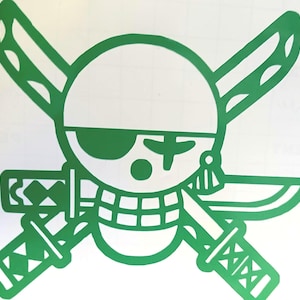 May include: Green graphic of a skull with a pirate eye patch and crossed swords. The design is a stylized illustration, featuring a round skull shape with a detailed eye patch and two swords.