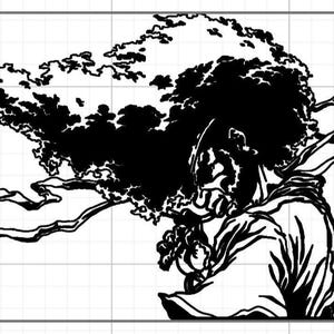 May include: Black and white illustration of a person with a large afro and a traditional outfit. The person is holding a flute or similar instrument, with a detailed, stylized design.