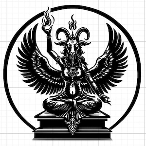 以下が含まれることがあります： 黒と白のイラストで、ヤギの頭を持つ翼のある座った人物が炎を持っています。その人物は黒い円の中にあり、複雑な詳細が描かれています。