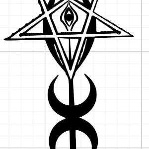 May include: Black and white graphic of a stylized symbol. The design features a crescent moon, a five-pointed star with an eye in the center, and other crescent shapes. The symbol has a vertical orientation.