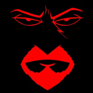 May include: A graphic illustration featuring a red face on a black background. The face is composed of red eyebrows, eyes, and lips. The lips have a mustache-like shape. The overall design has a bold, cartoonish style.
