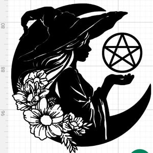 May include: Black silhouette of a witch wearing a hat, with long hair, and a flowing dress, holding a pentagram. The witch is set against a crescent moon and surrounded by floral elements. A mystical and gothic design.