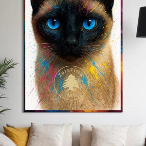 Siamese Cat Wall Art – Striking Blue-Eyed Portrait in Splash Art |