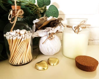 Vegan Hygge Candle Gift Box: Bath Bomb, Matches, Chocolate Hearts