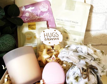 Self Care Pamper Hamper: Candle, Face Masks, Lip Balm, Bath Bomb, Chocolates