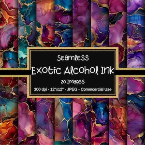 May include: 20 seamless digital paper patterns featuring abstract alcohol ink designs in shades of purple, blue, and red with gold accents. Each pattern is 12 inches by 12 inches and 300 dpi.