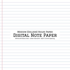 Può includere: Carta da note digitale bianca con linee blu, formato lettera e spaziatura di 7,1 mm. Il testo sulla carta recita "MEDIUM (COLLEGE) RULED PAPER DIGITAL NOTE PAPER".