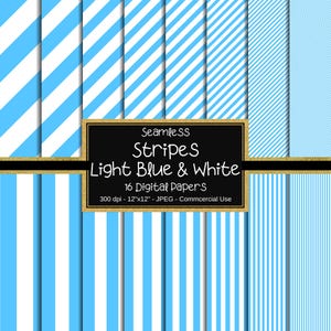 Light Blue & White Seamless Striped Digital Paper, Striped Paper, 16 Stripes, Digital Background, Scrapbook Paper,Commercial Use, Instant