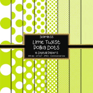 Lime Twist Polka Dot Seamless Digital Paper, 12&quot;x12&quot;, 16 Papers, Small Polka Dots, Big Polka Dots, Dotted, Lime Green White Colored Dots