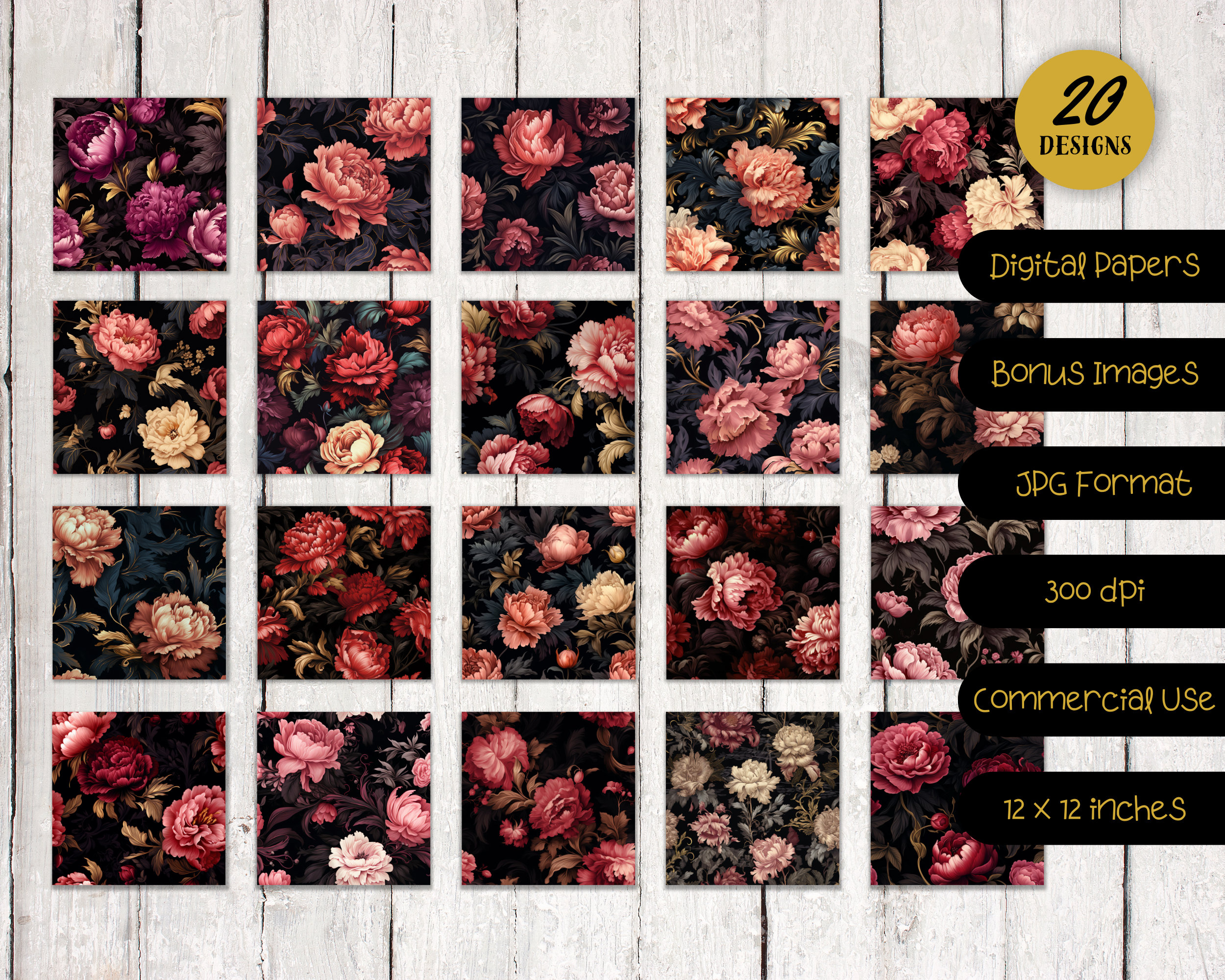 Baroque Peony Seamless Digital Papers, Seamless Dark Floral Backgrounds ...