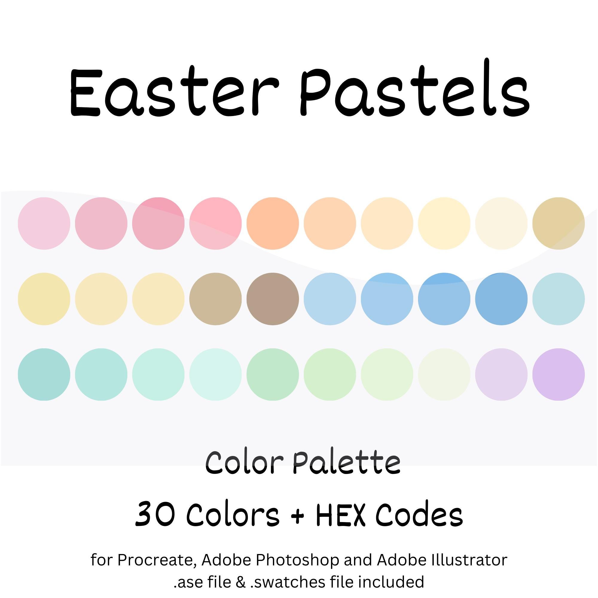 Paleta digital de cores pastéis de Páscoa para Procreate, Photoshop e Illustrator com códigos HEX