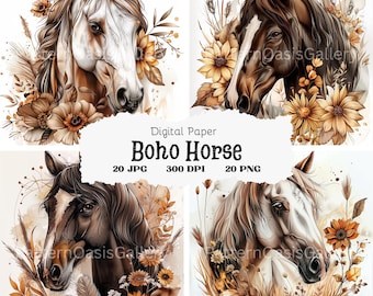 May include: Digital paper pack featuring four watercolor illustrations of horses with floral accents. The horses are brown, white, and black with brown, white, and yellow flowers. The background is a light beige watercolor wash.