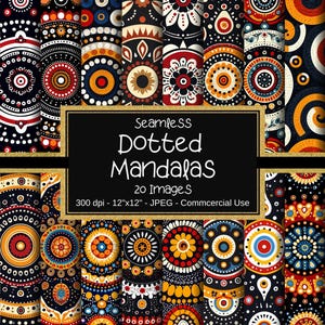 Carta digitale senza cuciture Mandala punteggiati, modello Mandala senza cuciture, 12"x12", 20 immagini, uso commerciale, tecnica Dot Art, Scrapbooking