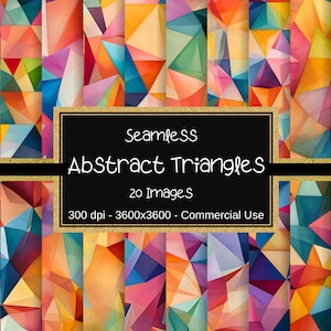 May include: A set of 20 seamless digital paper patterns featuring abstract geometric triangles in various shades of blue, green, red, orange, yellow, and purple. The patterns are 3600x3600 pixels and 300 dpi, and are for commercial use.