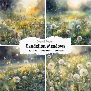20 Dandelion Meadows Backgrounds, Wildflower Images, Watercolor Wall Art, Printable Watercolor Clipart, High Quality JPGs & PNGs, #26
