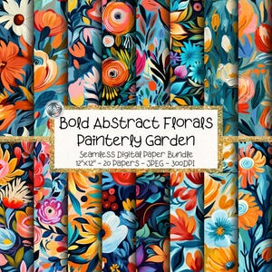 May include: A collection of 20 seamless digital papers with bold, abstract floral designs. The papers feature a painterly style with vibrant colors including orange, blue, and white. Each paper is 12"x12" and is 300 DPI.
