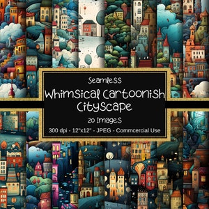 Grillig stadsgezicht naadloos patroon, cartoonachtig stadsgezicht naadloos digitaal papier, 20 afbeeldingen, 12" x 12", commercieel gebruik, kleurrijke gebouwen