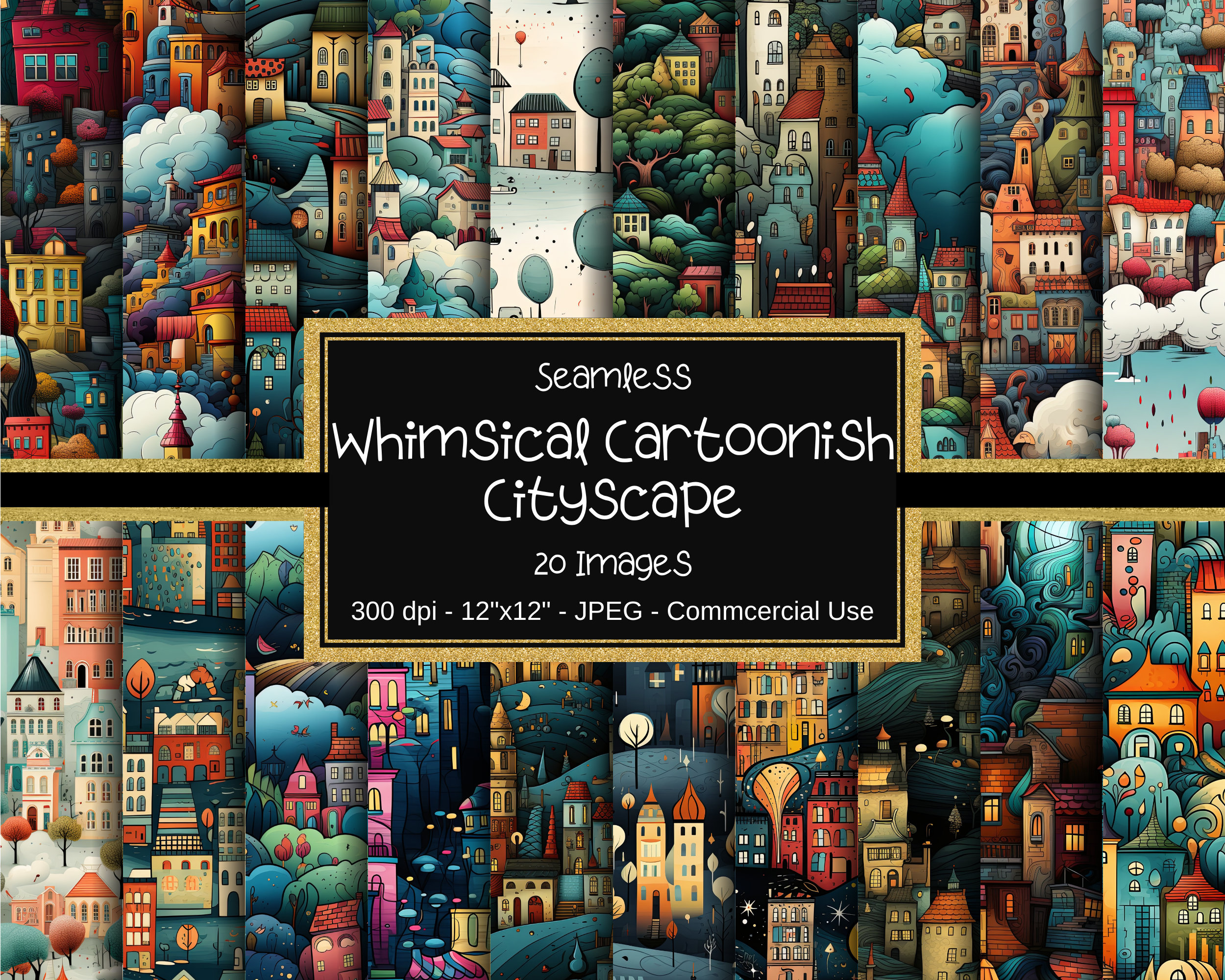 Whimsical Cityscape Seamless Pattern, Cartoonish Cityscape Seamless Digital Paper, 20 Images, 12"x12", Commercial Use, Colorful Buildings
