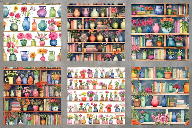 Floral Bookshelf Digital Paper Pack Set of 20 High-quality, Instant