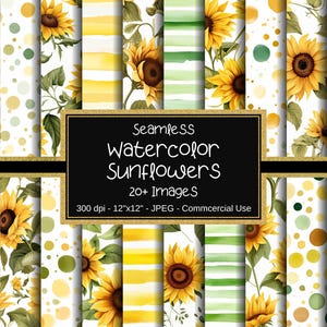 Aquarelle, tournesols, papiers numériques sans couture, arrière-plans fleuris, 20 modèles, 30 x 30 cm, scrapbooking, imprimés automne-automne, fleurs d'été