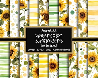 May include: A set of 20 digital seamless patterns featuring watercolor sunflowers in various designs. The patterns include sunflowers with green leaves, yellow and white stripes, green and white polka dots, and a combination of yellow, green, and white colors. The patterns are 300 dpi and 12 inches by 12 inches in size. The patterns are in JPEG format and are for commercial use.