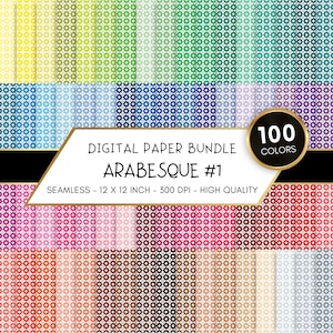 May include: A digital paper bundle with 100 different colors of a seamless arabesque pattern. The pattern is made up of small circles and squares in a repeating design. The papers are 12 x 12 inches and 300 DPI.