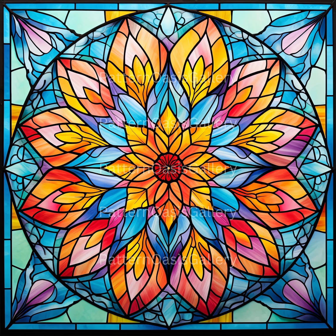 Stained Glass Mandalas Digital Paper, Mandala Stained Glass Background ...