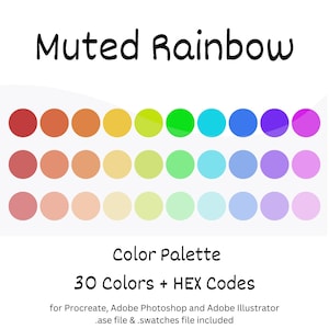 Op de afbeelding: Een kleurenpalet getiteld "Muted Rainbow" met 30 kleuren gerangschikt in cirkels. Het palet bevat een reeks gedempte tinten, van rood en oranje tot blauw en paars. De tekst hieronder luidt "Color Palette" en "30 Colors + HEX Codes".