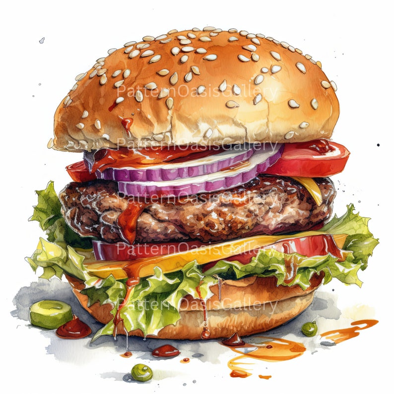 Op de afbeelding: Een sappige hamburger met een sesamzaadjesbroodje, sla, tomaat, ui en een rundvleespatty. De hamburger is bedekt met ketchup en mosterd en ligt op een witte achtergrond.